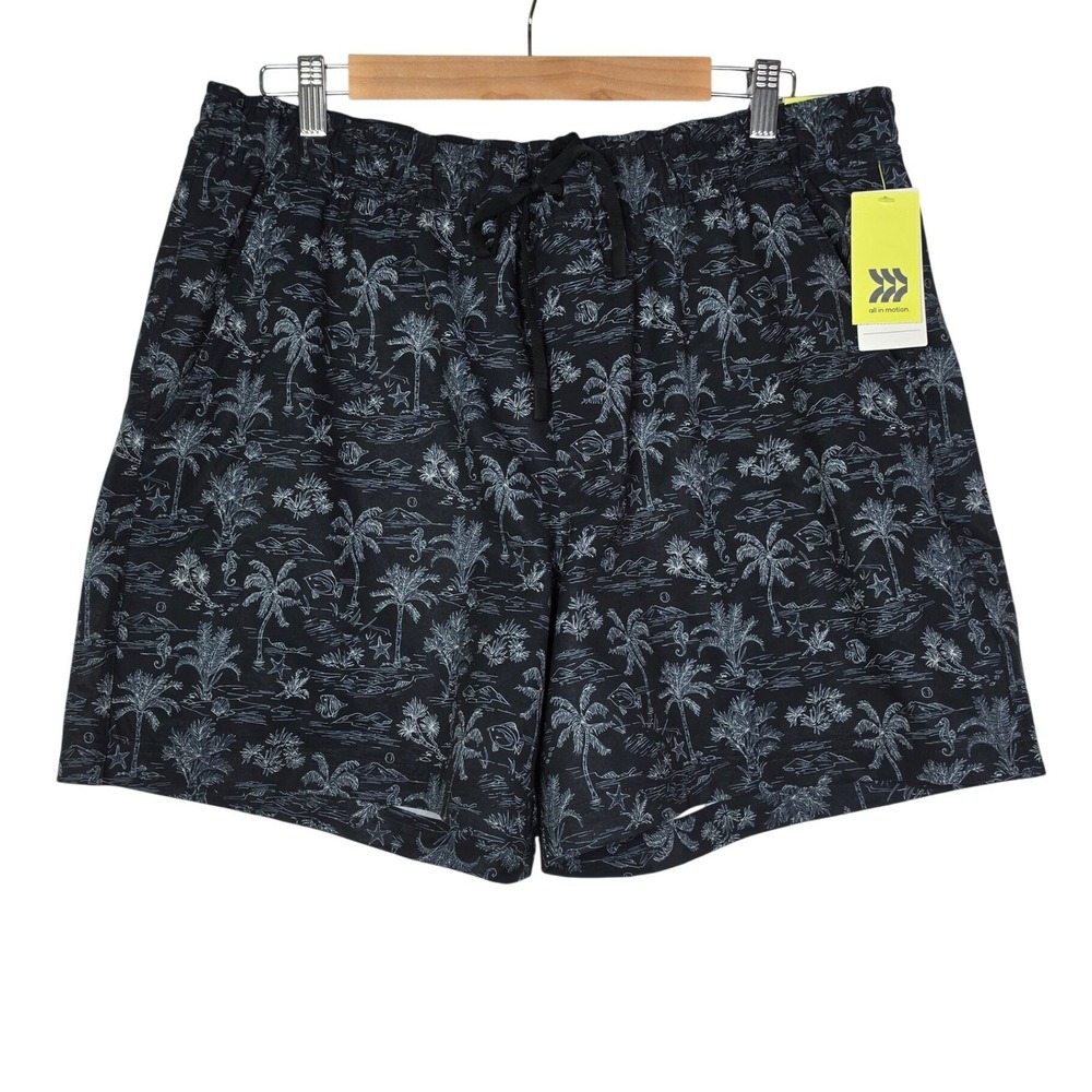 All In Motion Mens Hybrid Shorts Large Black Palm Tree Print Stretch Beach